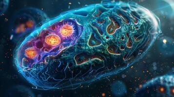 A crosssection image of a cell highlighting the presence of its nucleus mitochondria and acrosome photo