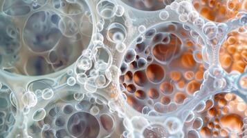 Split view of an alveolus with thin walls and a of surrounding cells representing the unique microstructure responsible for oxygen exchange photo