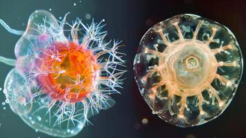 A sidebyside comparison of a cell with multiple cilia and a cell with a single flagellum both demonstrating the capability of rapid and fluid movement photo