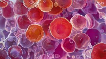 A colorful microscopic image of a colony of erythrocytes exhibiting the range of sizes and stages of development present in the bone marrow photo