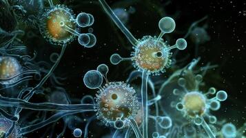 Multiple macrophages working together to phagocytose a large foreign particle such as a virus or fungal spore photo