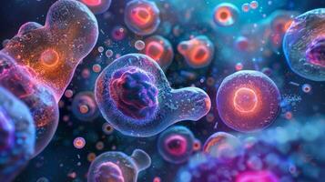 A fluorescent image of different cells in an organism each expressing a different gene due to cellular differentiation photo