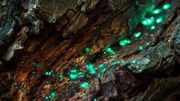 Soft bioluminescent spores covering the bark of an ancient tree casting an ethereal green light photo