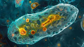 An electron microscope image of a mitochondrion revealing its distinct shape and size in comparison to other cell organelles photo