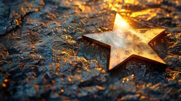 A shot of a glowing star decal on a textured surface highlighting the way the light catches on the raised edges and adds dimension to the design photo