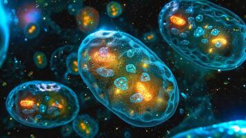 An immunofluorescence image of a cell undergoing cellular respiration with bright spots indicating the active production of energy within mitochondria photo