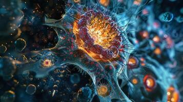 An image of a megakaryocyte a large cell responsible for producing platelets surrounded by developing cells photo