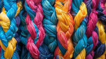 A bundle of thick twisted strands resembling a braided rope with each individual strand reflecting a different color photo