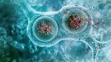 An electron micrograph of a cell in telophase with clear formation of two daughter cells during cytokinesis photo