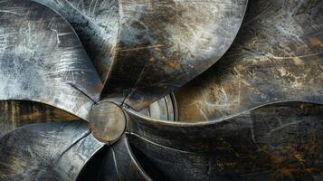 The metal blades of a propeller etched with parallel lines and streaks revealing the wear and tear of its frequent use photo