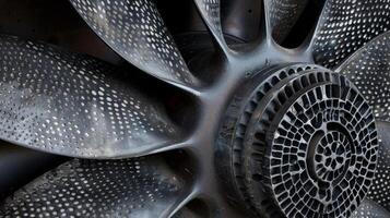 The blades of a propeller made of a rubbery material featuring a gridlike pattern with raised squares and circular indents for added grip and traction photo