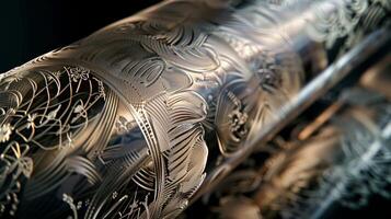A closeup of a sleek glassy cylinder with intricate etchings and designs etched into its surface photo