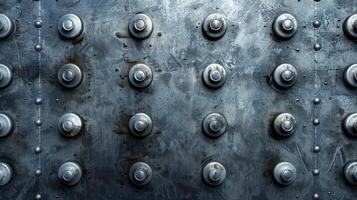 The texture of a brushed metal control panel embossed with a series of circular buttons and switches giving it a futuristic and industrial look photo