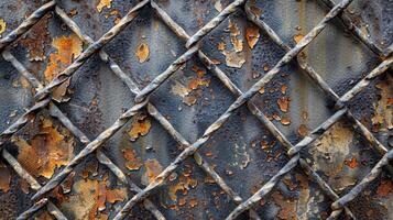 An aged metal mesh with a weathered patina and visible scratches and dents from years of use photo