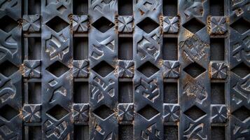 An industrial metal mesh with a repetitive pattern of geometric shapes and sharp edges photo