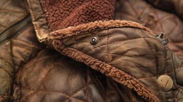 Rustic and rustic brown Sherpa lining peeking out from the cuff of a thick quilted jacket photo