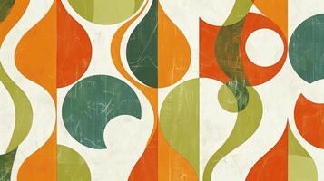 A playfully retro wallpaper with an eyecatching pattern of bold abstract shapes in vibrant shades of orange and green against a textured white backdrop photo