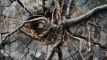 Small twigs and branches jut out from the rough surface of the tree stump creating a tangled and chaotic texture photo