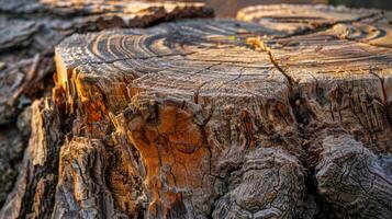 Chunks of bark are missing from the rough tree stump showcasing its natural decay and roughness photo