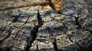 Cracks and crevices run through the rough surface of the tree stump giving it a jagged and uneven texture photo