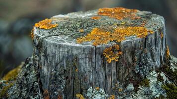 The rough edges of the tree stump are marred with lichen and moss adding a touch of softness to the overall rugged texture photo