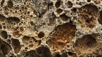 A closeup of a chunk of porous pumice stone revealing a layered and bubbly structure with varying shades of brown photo