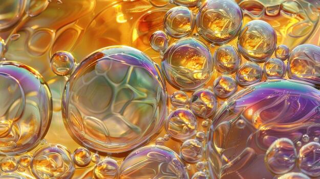 A macro shot reveals the intricate patterns and delicate swirls within each glimmering bubble photo