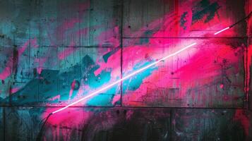 Bold strokes of electric pink and turquoise paint illuminated by a glowing neon light add movement and energy to the otherwise still concrete wall photo