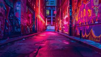 An otherwise monochromatic alleyway explodes with neon graffiti each letter and shape glowing with a unique intensity creating a surreal and mesmerizing visual feast photo