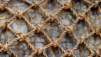 A textured background of overlapping crisscrossed fishing netting creating a weblike pattern photo