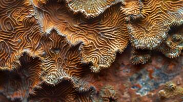 Tiny intricate patterns etched onto a coral surface reflecting light in an otherworldly manner photo
