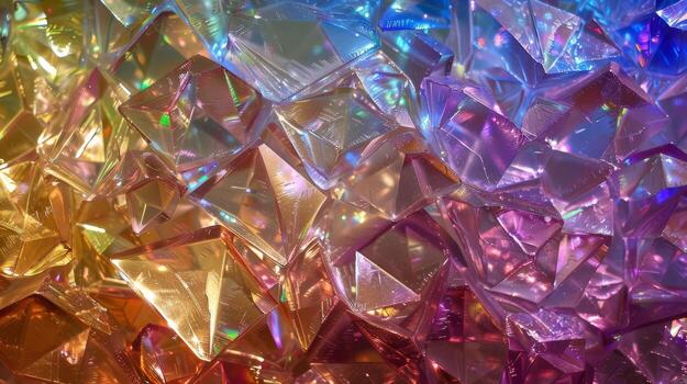 A textured surface of iridescent crystals each one reflecting a different color in the soft glow photo