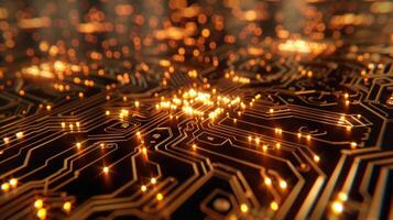 A closeup of a glowing computer chip with each microscopic connection shining bright like a tiny star in the night sky photo