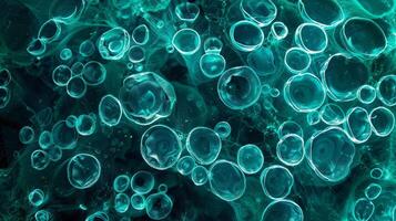 In this closeup shot of bioluminescent plankton the tiny organisms appear like shimmering gems in shades of turquoise creating a dreamy underwater landscape photo