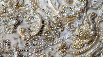 Sparkling beads and sequins adding dimension to the embroidered fabric photo