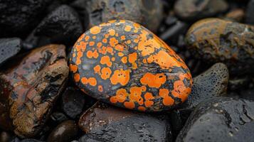 A tiny pebble is covered in a patchwork of glowing orange speckles giving it a fiery and energetic texture photo