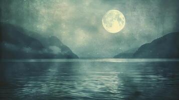 The gentle ebb and flow of the water softly lit up by the moons gentle radiance creating a calming and ethereal atmosphere photo