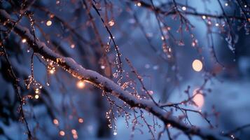 A tight view of a snowcovered tree branch the snowflakes hanging from it giving off a soft glow in the winter night photo