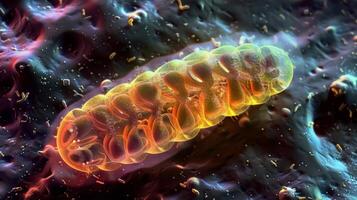 A scanning electron microscopy image of a mitochondrion revealing its complex structures and distinctive cristae where cellular respiration takes place photo