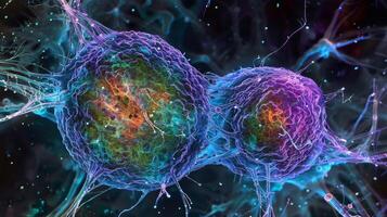 A striking image of cytokinesis with the two new daughter cells fully formed and separated each with their own distinct nuclei photo