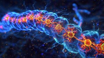 A fluorescent microscopy image of mitochondria along a nerve cell demonstrating their crucial role in providing the energy necessary for nerve impulses and communication photo