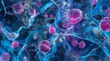 A microscopic view of hepatocytes surrounded by a network of vessels showcasing their important role in filtering and processing photo