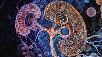 A crosssection view of a healthy kidney nephron showing the complex structure and function of each component in the filtration process photo