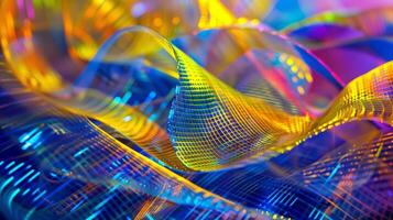 Sizzling lines of neon yellow and blue intersect and overlap creating a mesmerizing mazelike texture photo