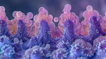 Electron micrograph of villi with their brush border where enzymes aid in nutrient breakdown photo