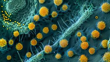 Microvilli on the surface of villi further increasing the area available for nutrient absorption photo