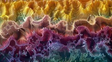 A slice of scalp tissue under a microscope revealing the tufted layers of hair follicles and the dense network of vessels that bring vital nutrients to the growing hair cells photo