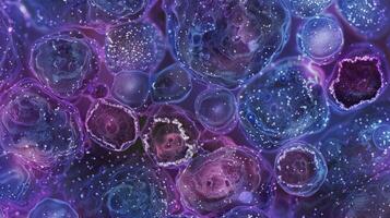 A stained image of hepatocytes under a phasecontrast microscope displaying different compartments within the cell including the endoplasmic associated with metabolizing toxins photo