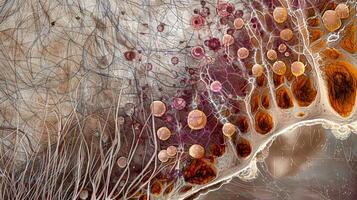 A microscopic image of a crosssection of the scalp showing the mazelike network of hair follicles each containing its own population of unique hair follicle cells photo