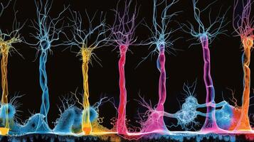 Myelinated axons with varying thicknesses indicating different levels of myelination and transmission speed photo